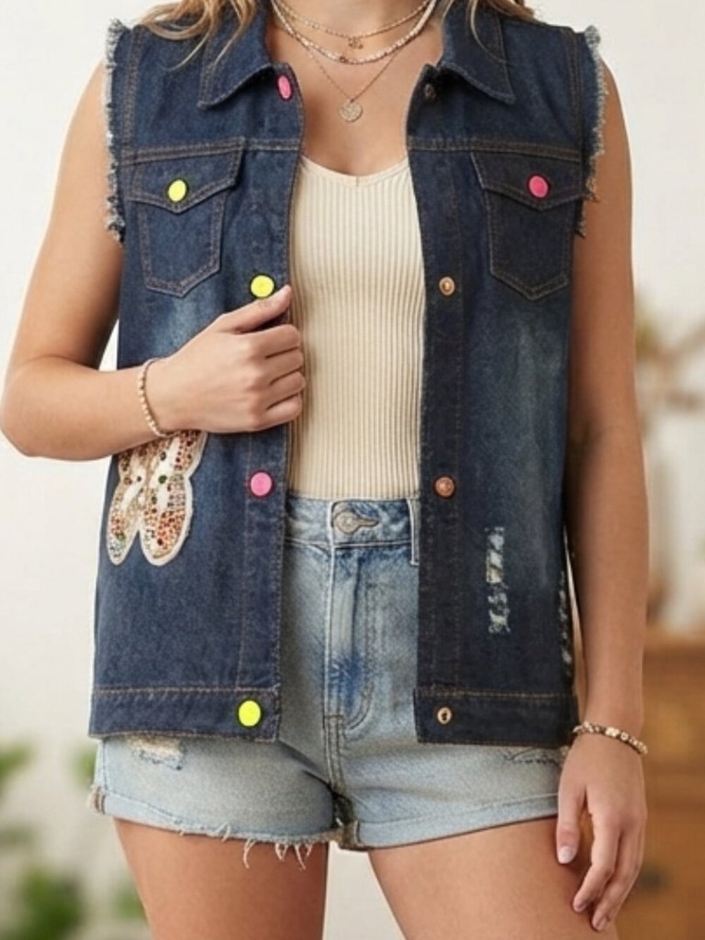 Girls Denim Vest Sequin Butterfly Distressed Jean Jacket Size 150 Mud Kingdom